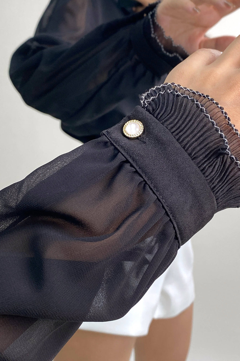 Black High Neck Ruffle Detail Button-Up Work Shirt