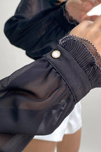 Black High Neck Ruffle Detail Button-Up Work Shirt