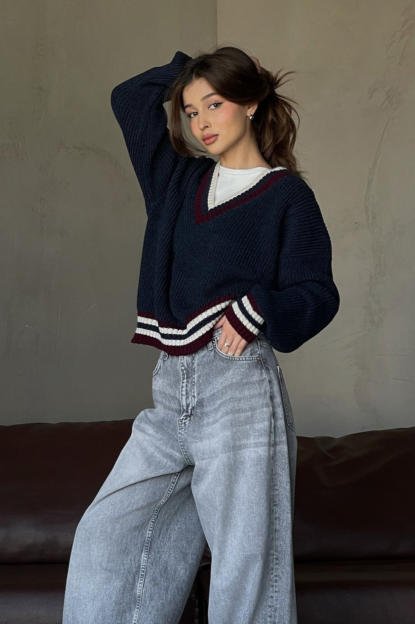 Casual Striped Color Block V-Neck Loose Knit Sweater