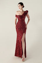 Draped One Shoulder Ruffle Formal Dress