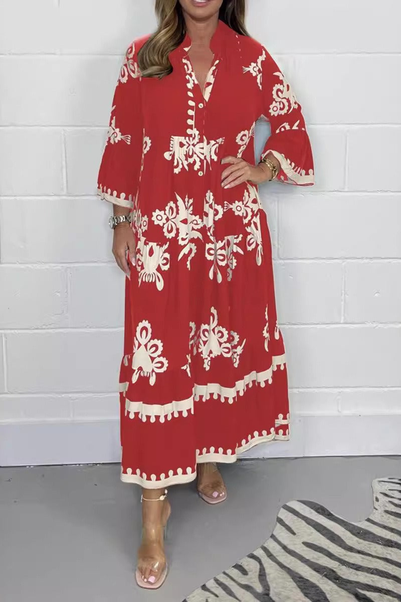 Floral Print Band Collar Waist Cinching Elegant Boho Dress
