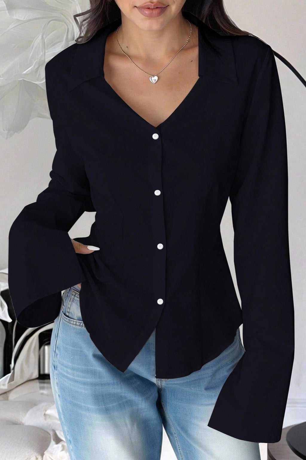 Slim Fit Flare Sleeve V Neck Blouse