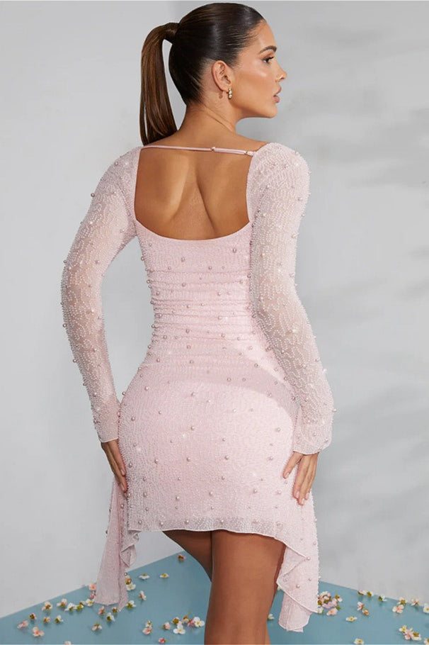 Sequined Beaded Square Neck Long Sleeve Bodycon Party Dress