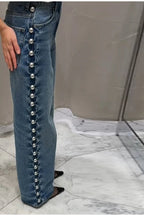 Beaded High Waist Straight Leg Jeans