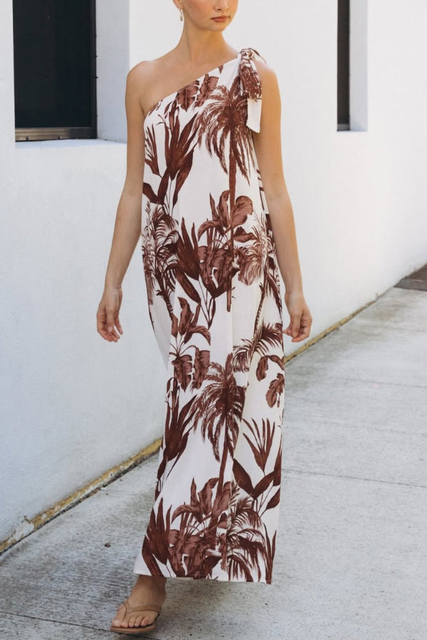Botanical Print Sleeveless One-shoulder Casual Vacation Maxi Dress