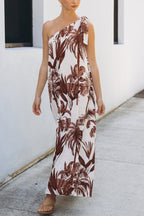 Botanical Print Sleeveless One-shoulder Casual Vacation Maxi Dress