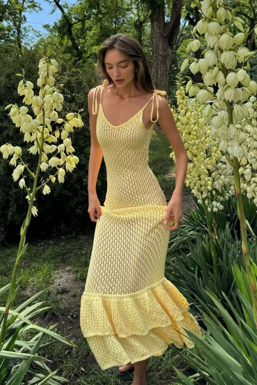 Boho Ruffle Knit Sexy Cutout Sheer Cami Maxi Dress