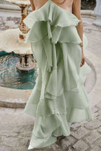 Romantic Summer Chiffon Tiered Ruffle Deep V-Back Halter A-line Maxi Design