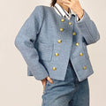 Cornflower Blue Double-Breasted Tweed Jacket With Gold Buttons
