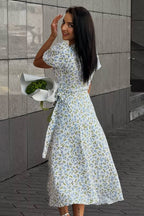 Printed Puff Sleeve Cotton Midi Dress