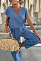 Linen Blend Solid Color V-neck Short-sleeved Top and Elastic Waist Pocket Bloomers Pants Set