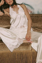 Elegant Morning Satin Lace Trim Halter Tie-up Tank and Elastic Waist Loose Pants Set