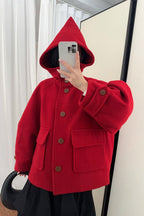 Solid Pointed Hood Button Chic Coat