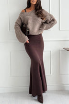 Caitlin Knit Stretch Fabric High Waist Fishtail Casual Maxi Skirt