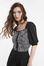 Black Tweed Square Neck Button Detail Puff Sleeve Blouse