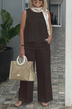 Cotton and Linen Sleeveless Top and Wide-Leg Pants Two-Piece Set