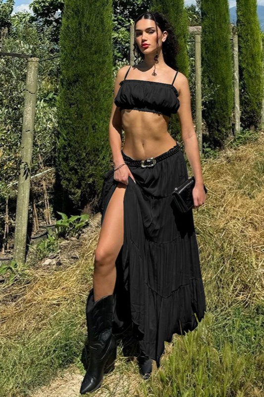Vacation Style Solid Color Wrap Bodice Halter Skirt Set