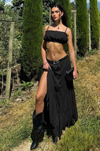 Vacation Style Solid Color Wrap Bodice Halter Skirt Set