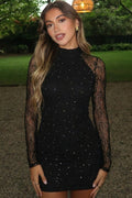 Solid Turtleneck Long Sleeve Lace Rhinestone Bodycon Mini Dress