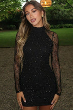 Solid Turtleneck Long Sleeve Lace Rhinestone Bodycon Mini Dress