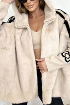 Hooded faux fur patchwork knit cardigan