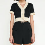 Black Contrast Trim Button-Up Cable Knit Cropped Cardigan