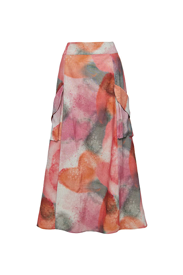 Laylin Wide Sleeve Shirt and Watercolor Print High Waist Drape Pocket Maxi Skirt Set