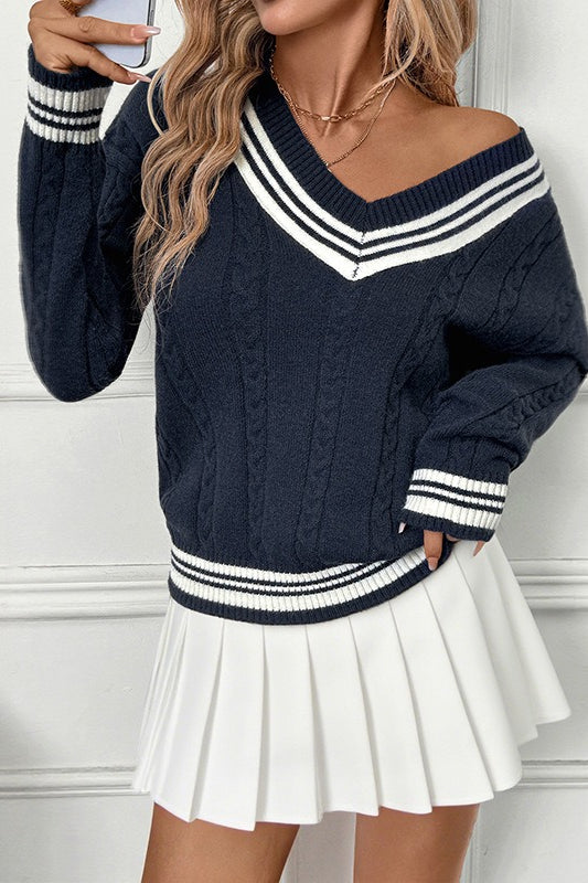 Contrast VNeck Cable Knit Sweater