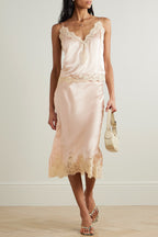 Celebration Look Contrast Color Satin Lace Trim Elastic Waist Drape Midi Skirt