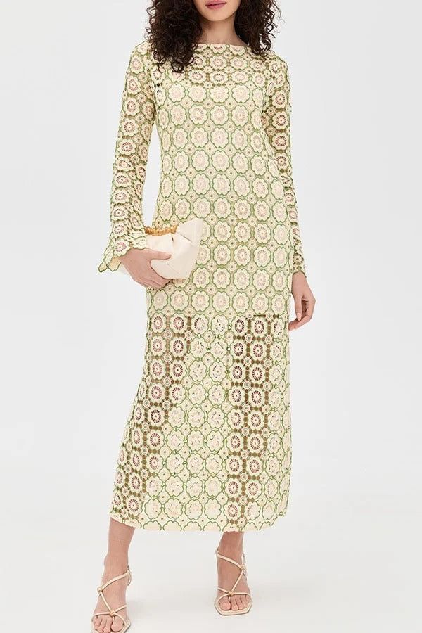 Summer Fashion Floral Crochet Cutout Fabric Long Sleeve Slit Vacation Midi Dress
