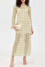 Summer Fashion Floral Crochet Cutout Fabric Long Sleeve Slit Vacation Midi Dress