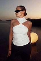 High Neck Metal Ring Sleeveless Off Shoulder Tank Top