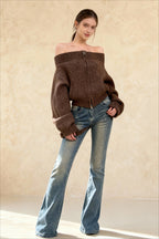Retro Zip Off-Shoulder Slim-Fit One-Size Knit Cardigan