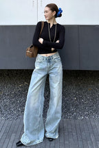 Washed Wide-Leg Distressed Jeans