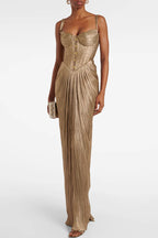 Vegas Queen Metallic Pleated Sculpted Bodice Back Lace-up Drape Maxi Dress