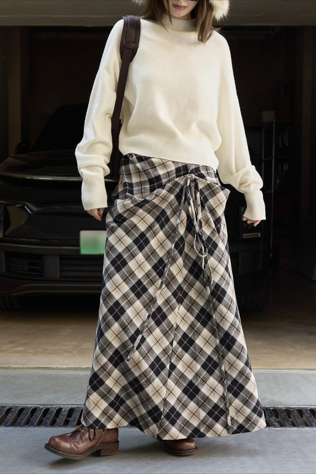 Asymmetric Color Block Plaid Midi Skirt
