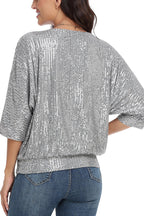 Solid Color Sequined Loose Round Neck Casual Top