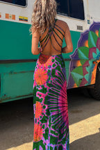 La Bamba Tie-dye Print Back Lace-up Stretch Maxi Dressï¼_ith built-in braï¼