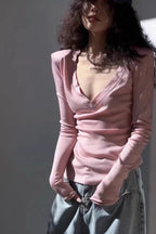 Slim Fit Low Cut Long V Neck Ribbed Long Sleeve Top