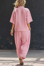 Linen Blend Solid Color V-neck Short-sleeved Loose Top and Elastic Waist Pocket Casual Pants Set
