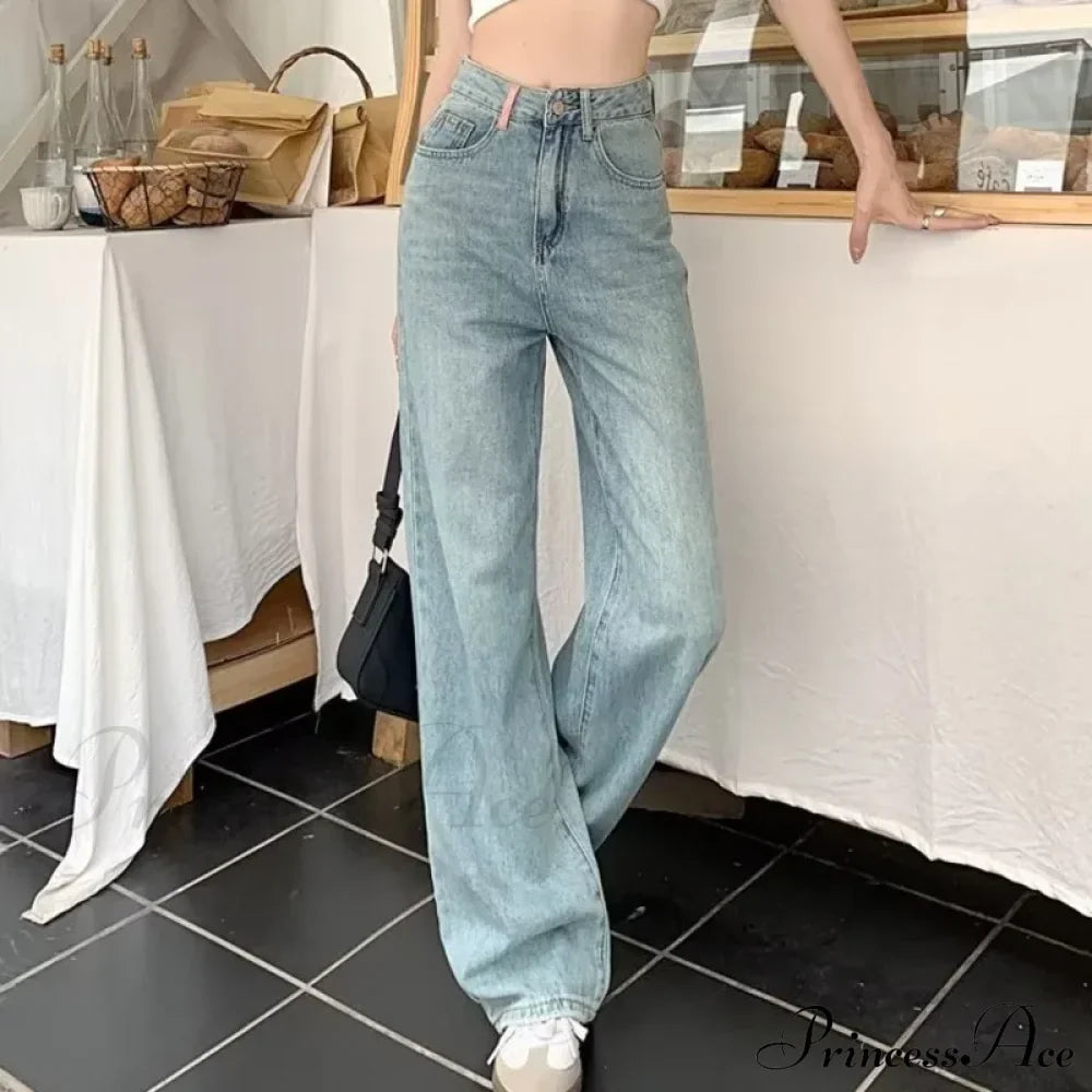 Baby Blue Loose Straight Thin Summer Tassel Versatile Trend Women's Jean