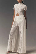 Elegance Avant-garde Floral Lace Short Sleeve High Low Top and High Rise Wide Leg Pants Set