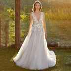 Backless Beach Sheer Tulle Wedding Dress