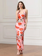 Backless Party Spaghetti Strap U-neck Bodycon Evening Floral Dress