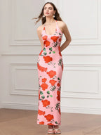 Backless Party Spaghetti Strap U-neck Bodycon Evening Floral Dress