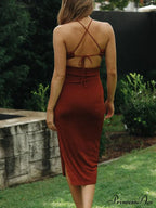 Backless Slit Black Trendy Midi Dress