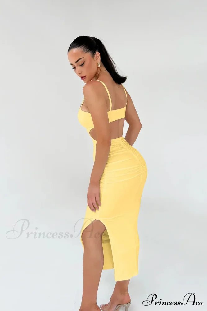Backless Solid Fold Pleated Side Slit Summer New Women's Suspender Wrapped Buttocks Long Skirt Cut Out Dress