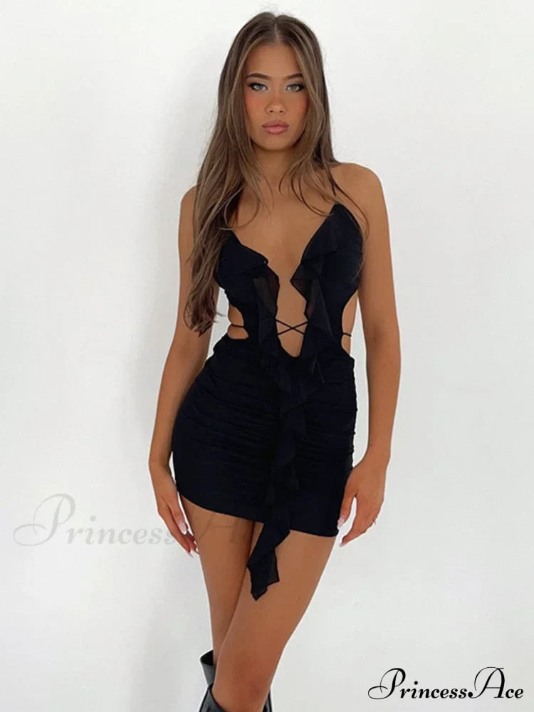 Backless Women Halter Ruffle Gown Party Coastal Festive Hollow - Out for Mini Bodycon Sexy Vestido