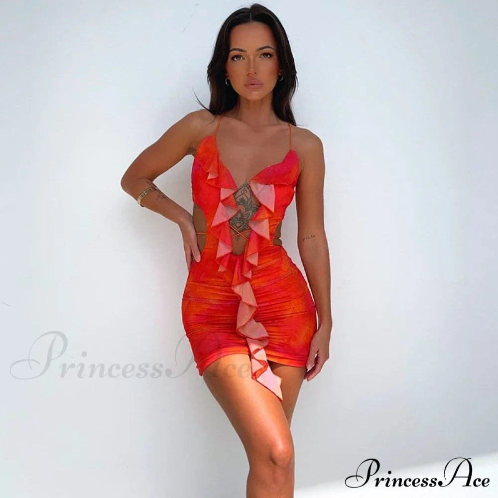 Backless Women Halter Ruffle Gown Party Coastal Festive Hollow - Out for Mini Bodycon Sexy Vestido
