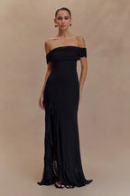 Off-Shoulder Ruffle Mesh Split Maxi Party Dress